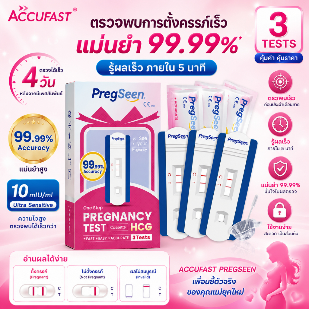 ACCUFAST ชุดตรวจการตั้งครรภ์ 3 ชิ้น HCG Cassette Test ความแม่นยำ 99.99% ความไว 10mIU ตรวจได้เร็วสุด 4 วันหลังปฏิสนธิ