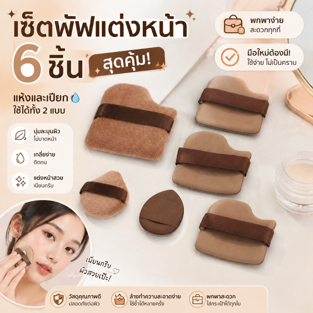 อุปกรณ์แต่งหน้าสำหรับมือใหม่ ชุด 6 ชิ้น แป้งพัฟฟ์ช็อกโกแลตจิ๋ว แป้งพัฟฟ์แบบใช้ได้ทั้งแห้งและเปียก