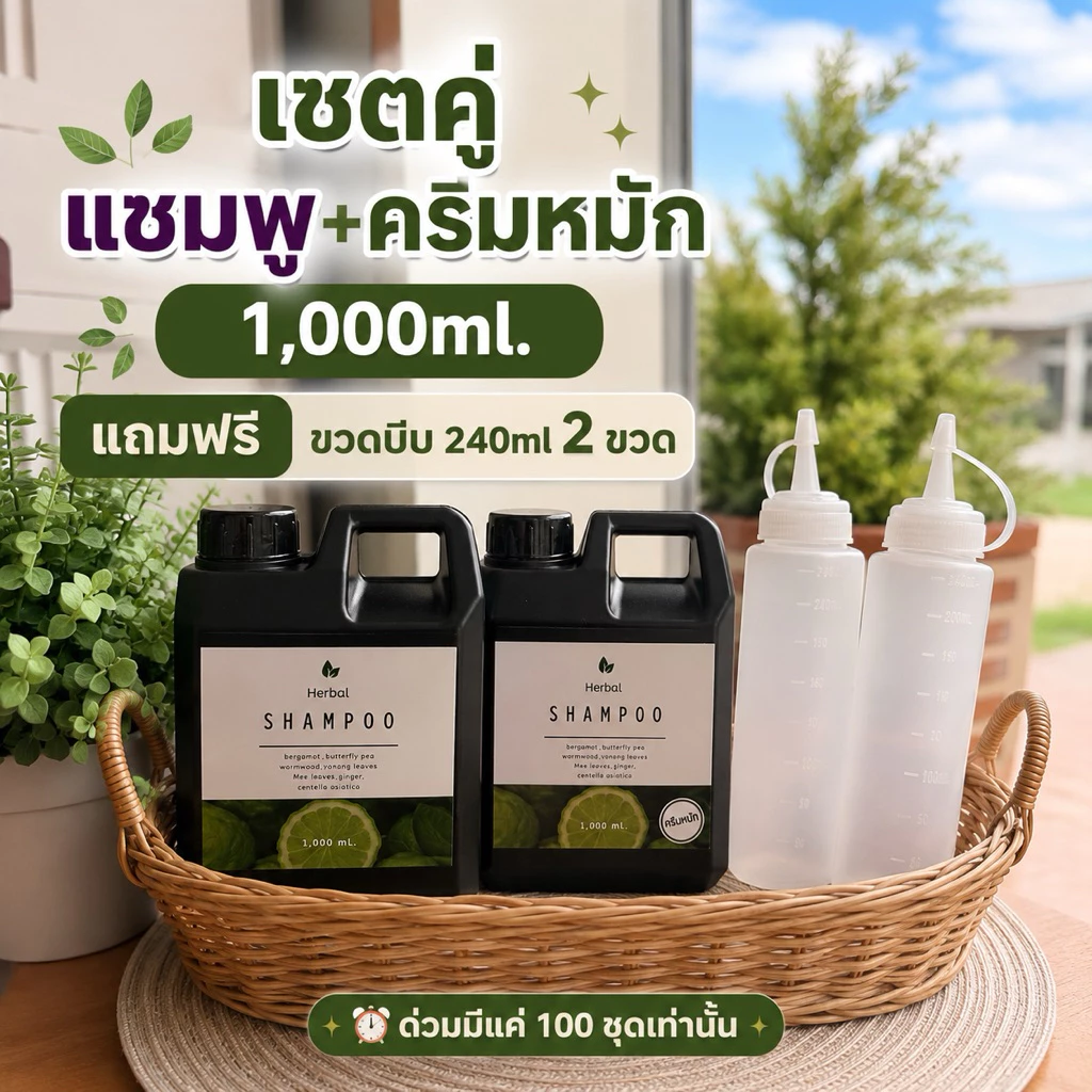 เซ็ตคู่ แชมพู+ครีมหมัก สมุนไพรสด ขนาด 1,000 ml แถมฟรีขวดบีบ