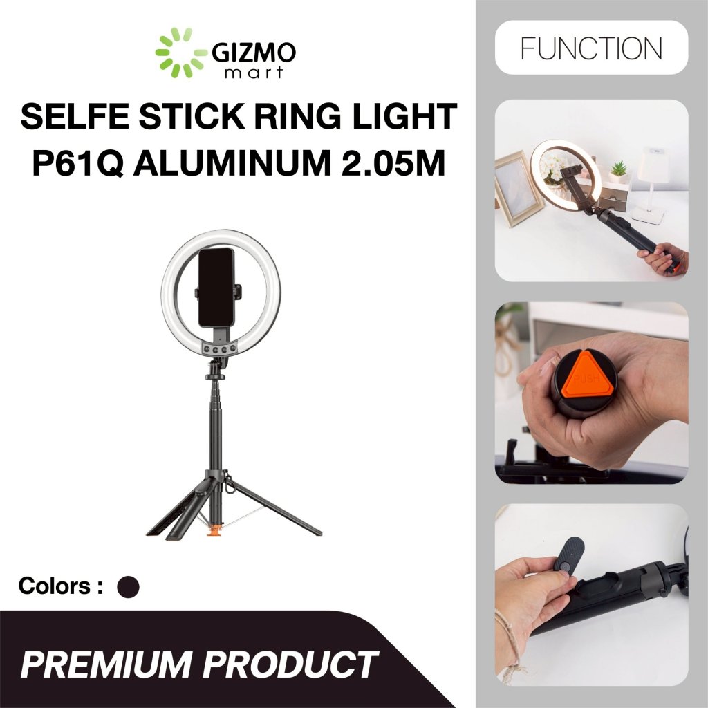 P61Q Aluminum Ring Light Selfie Stick 2.05M Black ไม้เซลฟี่ไฟวงแหวน ขาตั้งกล้องไลฟ์สดอัจฉริยะ