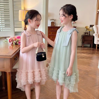 1-11 ปี ชุดเดรสเด็กผู้หญิง สไตล์เกาหลี แขนกุด ประดับด้วยโบว์ ผ้าทูลล์ านุ่มใสสบายฯ กระโปรงสาวฤดูร้อน