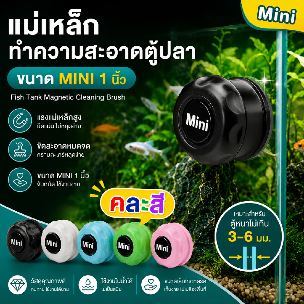 แม่เหล็กทำความสะอาดตู้ปลาขนาด Mini 1 นิ้ว เหมาะสำหรับตู้เล็กหรือกระจกหนาไม่เกิน 3-6มม YU-823 S คละสีส่ง