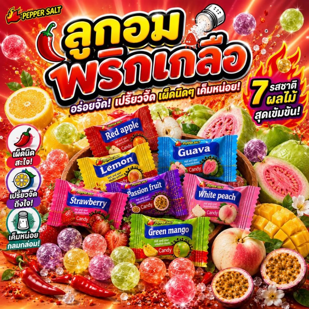 ผลไม้พริกเกลือ ลูกอมพริกเกลือ 50-100 ชิ้น เผ็ดซาบซ่าน ด้านในสอดไส้พริก รสชาติลงตัว ลองเลย