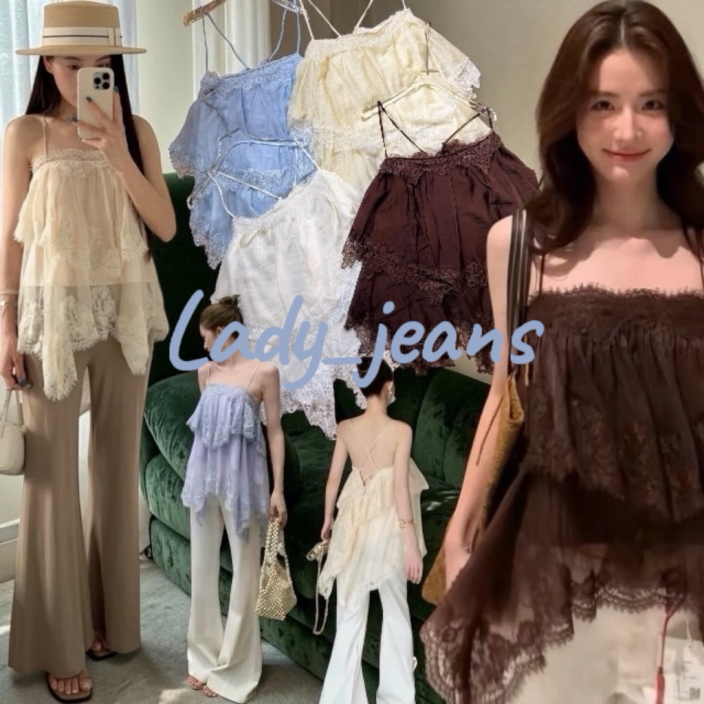 Lady_jeans(Mo) สายเดี่ยวระบาย ชั้นใหญ่ เเต่งลูกไม้ มีซับใน ด้านหลังสานๆ ร้อยเชือก ปรับสายสั้นยาว งานเกรดนำเข้า