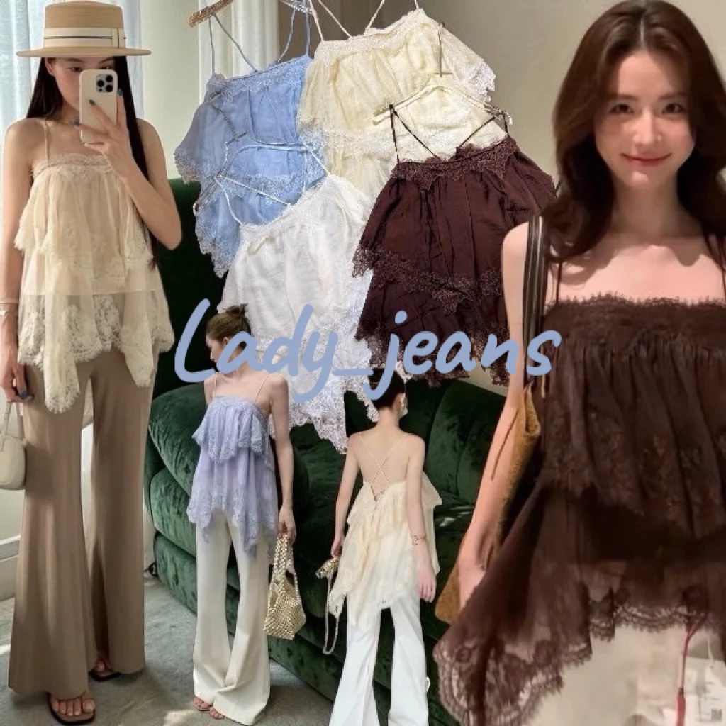 Lady_jeans(Mo) สายเดี่ยวระบาย ชั้นใหญ่ เเต่งลูกไม้ มีซับใน ด้านหลังสานๆ ร้อยเชือก ปรับสายสั้นยาว งานเกรดนำเข้า