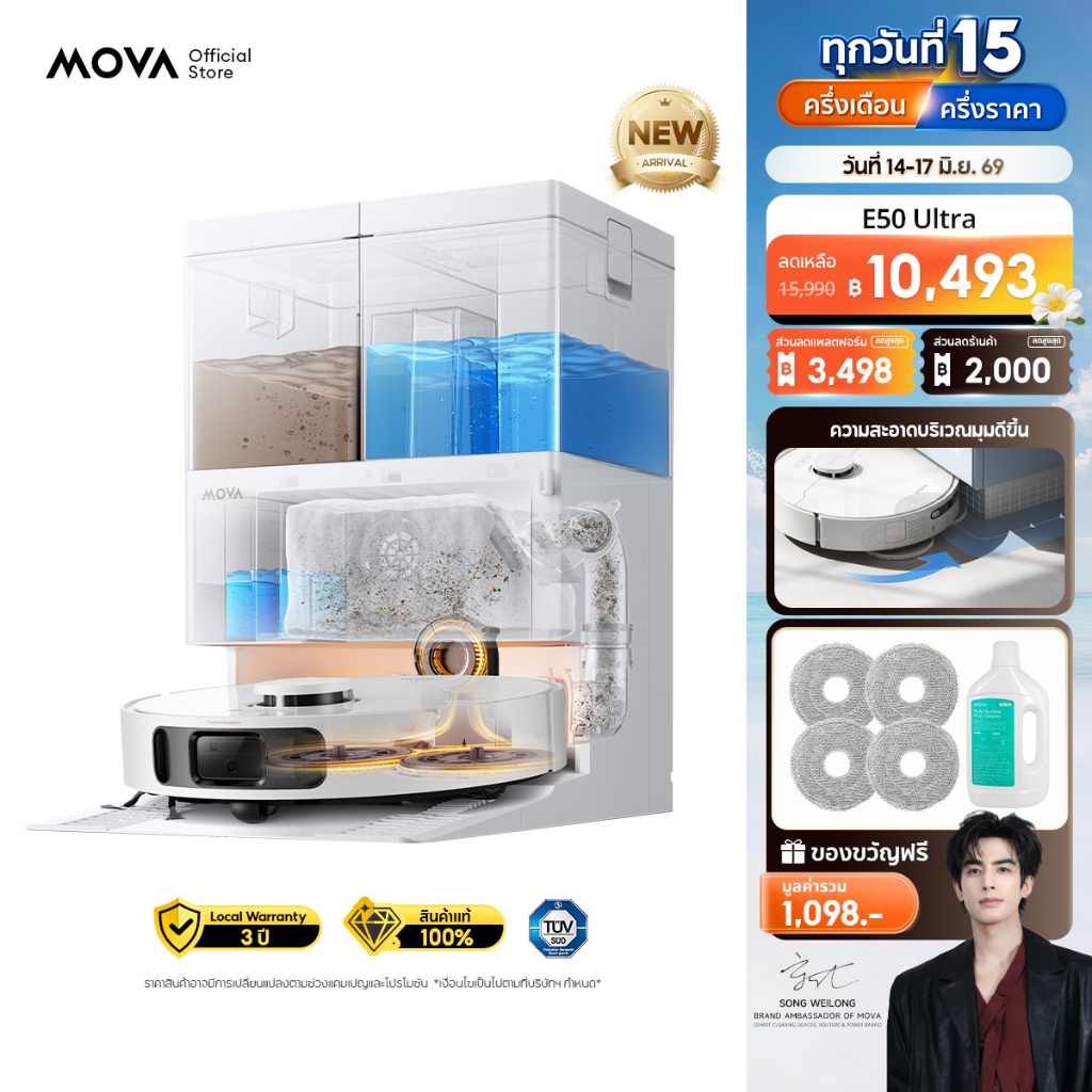MOVA E30/E50 Ultra หุ่นยนต์ดูดฝุ่น ถูพื้นอัจฉริยะ ดูดแรง 30000Pa ถังน้ำ 5L ตัวบาง 97มม. ป้องกันขนพัน รับรอง TÜV