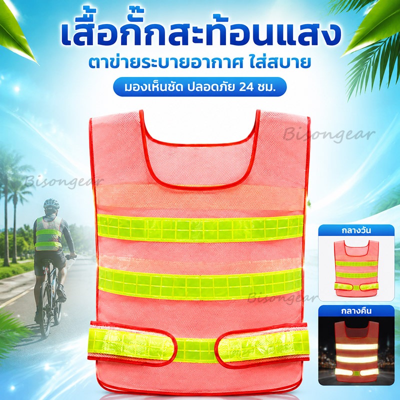 เสื้อกั๊กสะท้อนแสง เสื้อนิรภัยเรืองแสงตอนกลางคืน สีส้ม สีเขียว ระบายอากาศดี ใส่ทำงานกลางแจ้ง วิ่ง ปั่นจักรยาน กู้ภัย