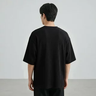 B&R เสื้อยืดแขนสั้น Short-sleeved T-shirt การออกแบบซิปครึ่ง ผ้าลายวาฟเฟิล สีพื้น เรียบง่ายสไตล์ญี่ปุ่น รูปแบบหลวมสบาย