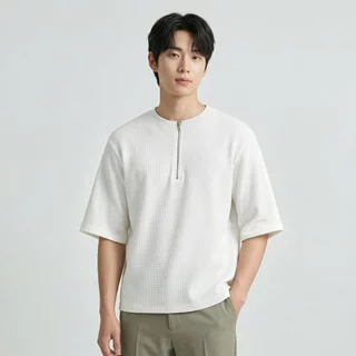 B&R เสื้อยืดแขนสั้น Short-sleeved T-shirt การออกแบบซิปครึ่ง ผ้าลายวาฟเฟิล สีพื้น เรียบง่ายสไตล์ญี่ปุ่น รูปแบบหลวมสบาย