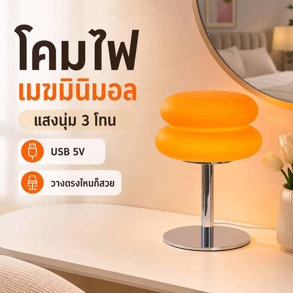 โคมไฟตั้งโต๊ะทรงเมฆ USB ปรับแสง 3 สี หรี่ไฟได้ โคมไฟหัวเตียง แต่งห้องมินิมอล