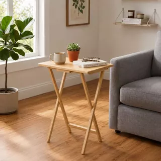 PJ wood โต๊ะพับไม้แท้ มินิมอล โต๊ะวางของอเนกประสงค์ ประหยัดพื้นที่ Foldable Rubberwood Tray Table