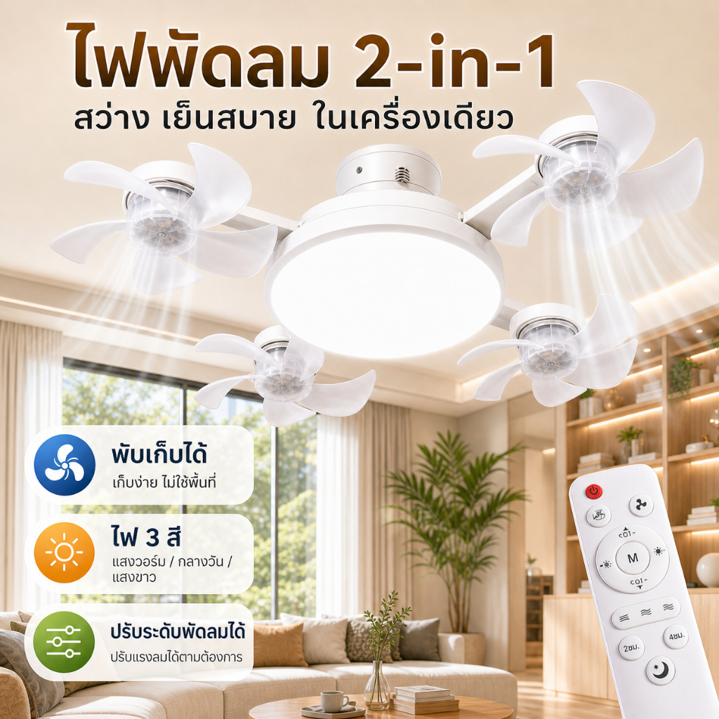 พัดลมเพดานพร้อมโคมไฟ LED ขั้ว E27 สไตล์มินิมอล เงียบ ประหยัดไฟ ควบคุมรีโมท ถนอมสายตา
