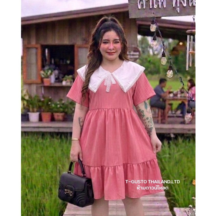 E10ชุดเดรสคอปกทหารเรือ สไตล์น่ารักเกาหลี-สาวอวบพลัสไซส์ อก36-50 ยาว41นิ้ว