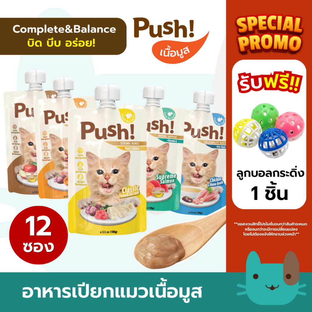 Push (12ซอง) อาหารเปียกแมวพุช เนื้อมูส Complete & Balanced กินเป็นมื้อหลักได้ สารอาหารครบถ้วน