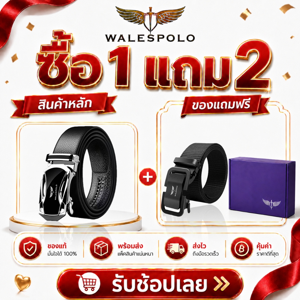WALESPOLO ชุดของขวัญสุดคุ้ม เข็มขัดผู้ชายออโต้ล็อก หนัง  พรีเมียม พร้อมกล่องของขวัญ แถมฟรีเข็มขัดไนลอน สงกรานต์ ลอยกระ