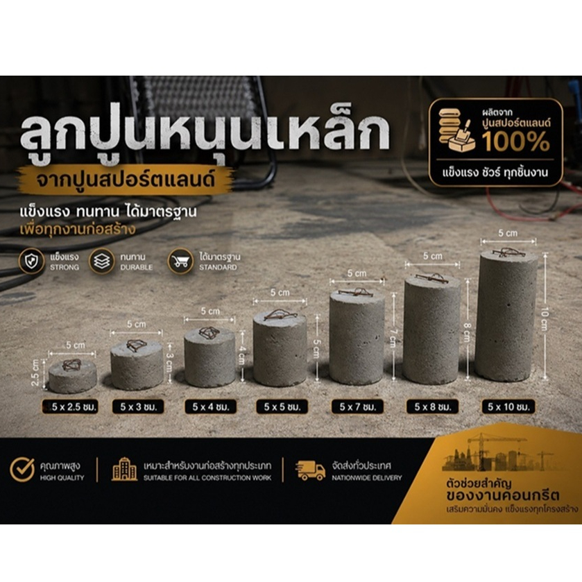 ลูกปูนหนุนเหล็ก ขนาด2.5-10ซม. ผลิตจากปูนสปอร์ตเเลนด์ชั้นนำของไทย ไม่เเตกง่ายรับเเรงอัดได้สูงถึง(420KSC)เเข็งเเรง ทนทาน
