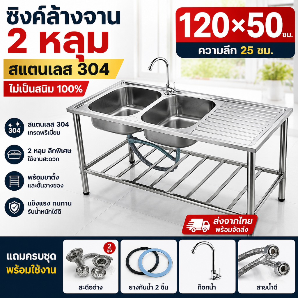 ซิงค์ล้างจาน 2 หลุม SUS304 ขนาด 120x50 พร้อมขาตั้ง อ่างล้างจานสแตนเลส ร้านอาหาร