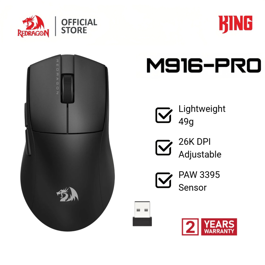 Redragon K1NG M916 PRO เมาส์เกมมิ่งไร้สาย 3 โหมด เบาพิเศษ 49g ชาร์จไฟได้ ความเร็ว 26K DPI เซนเซอร์เร