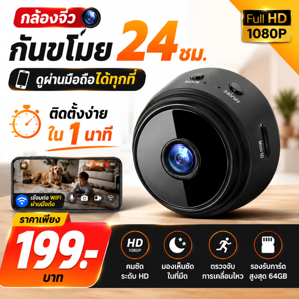 จัดส่งด่วน กล้องวงจรปิด A9 HD1080P กล้องขนาดเล็ก เวอร์ชั่นกลางคืน WiFi ดูผ่านมือถือ ติดตั้งง่าย สำหรับบ้าน เฝ้าระวัง