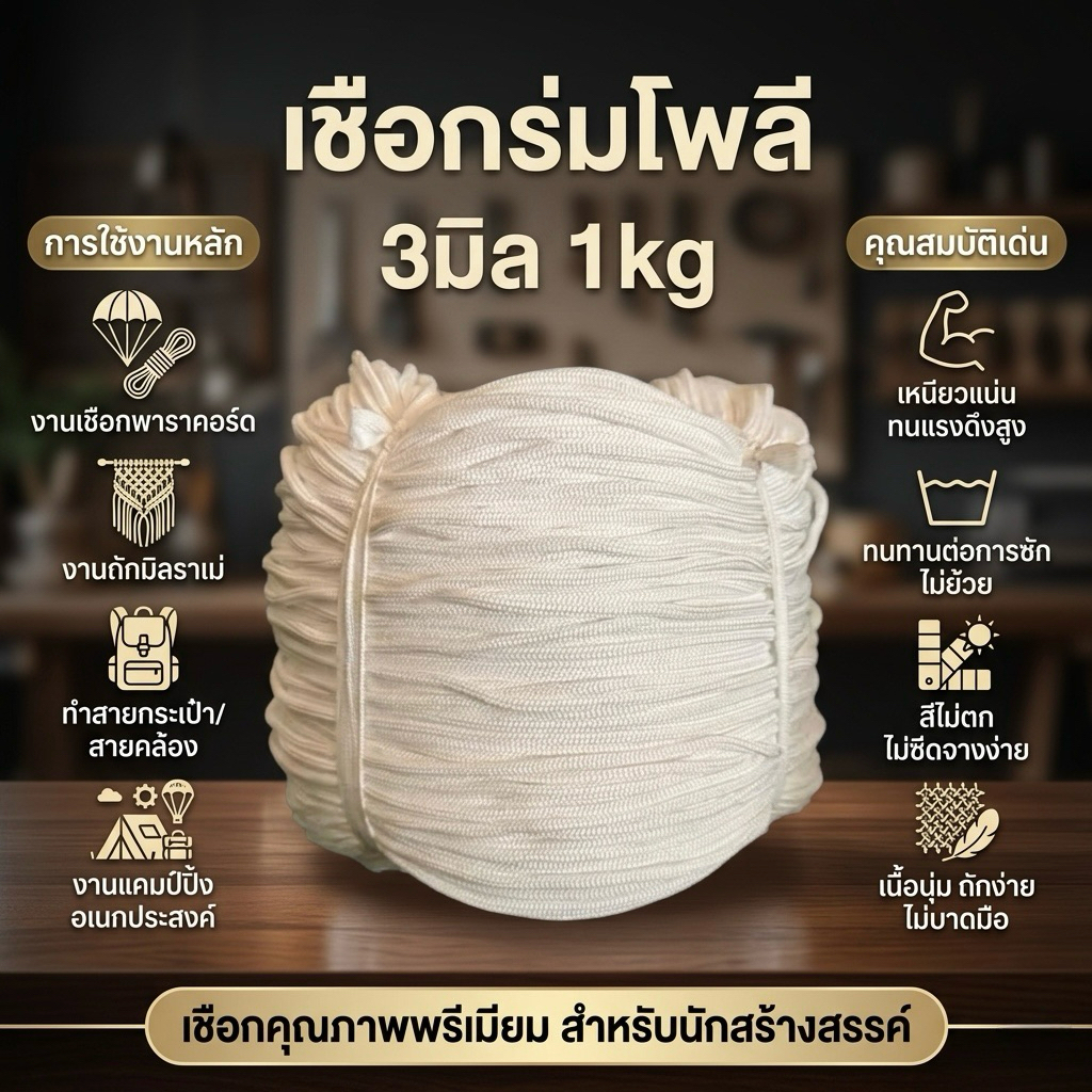 เชือกร่มโพลี 3 มิล เชือกร่มโพลีเอสเตอร์ เชือกถัก เชือกงานฝีมือ บรรจุ 1 กิโล สำหรับ DIY ร้อย มัด ผูก งานประดิษฐ์
