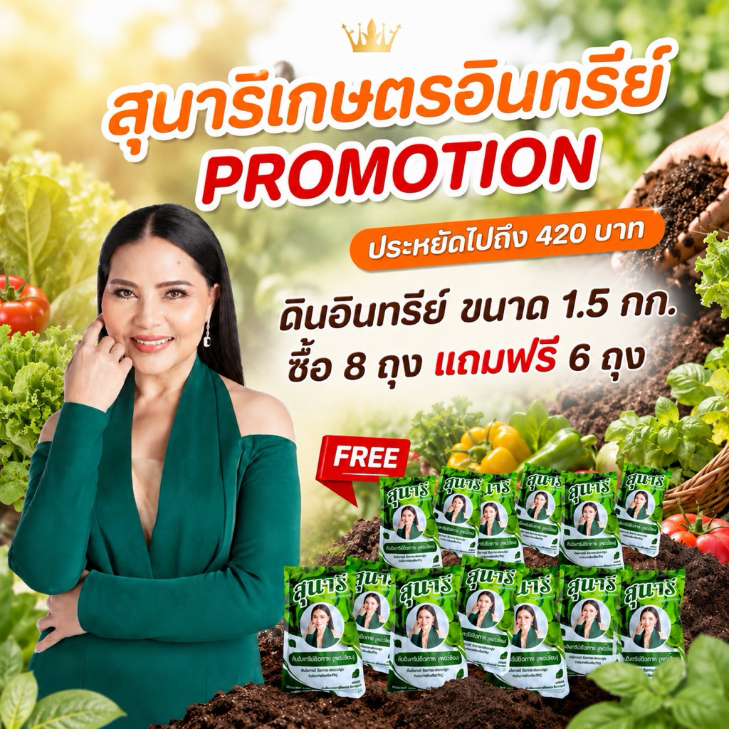 โปรโมชั่นพิเศษเฉพาะเดือนนี้ !!! ซื้อ 8 แถมอีก 6 (รวม 14 ถุง)   ดินอินทรีย์ ตราสุนารี ขนาดถุงละ 1.5  กก.)