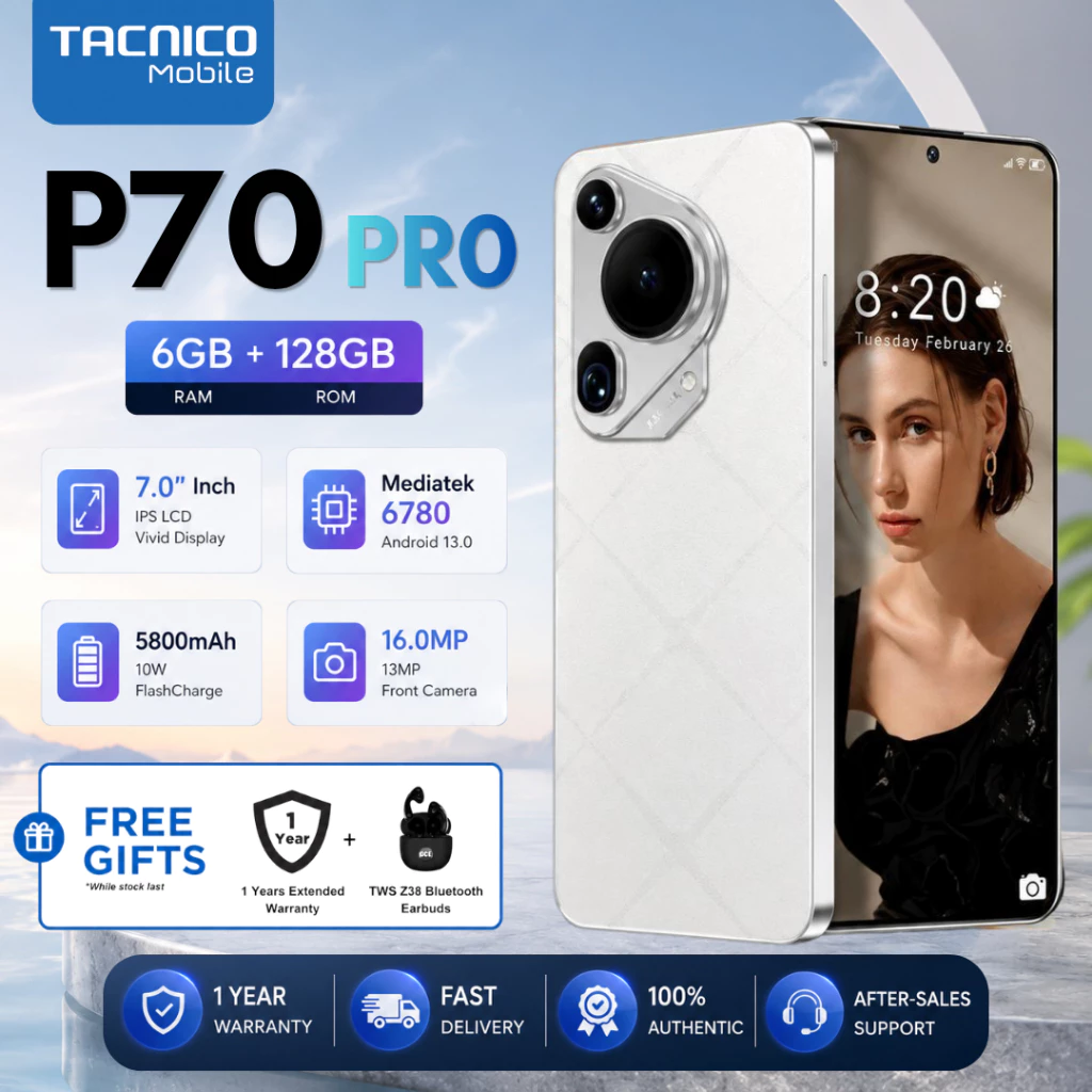 Tacnico P70 PRO 5G สมาร์ทโฟน หน้าจอ IPS 7.0 นิ้ว RAM 6+128GB แบตเตอรี่ 5800mAh รองรับ 2 ซิม ระบบ Android รับประกัน 1 ปี