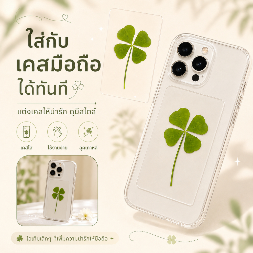 ใบโคลเวอร์ 4 แฉก ของแท้ 100% [เกาหลีฮิตมาก! รุ่นดาราใส่] เครื่องรางนำโชค ใบโคลเวอร์เสริมดวง ความรัก/โชคลาภ ใส่หลังเคสมือ