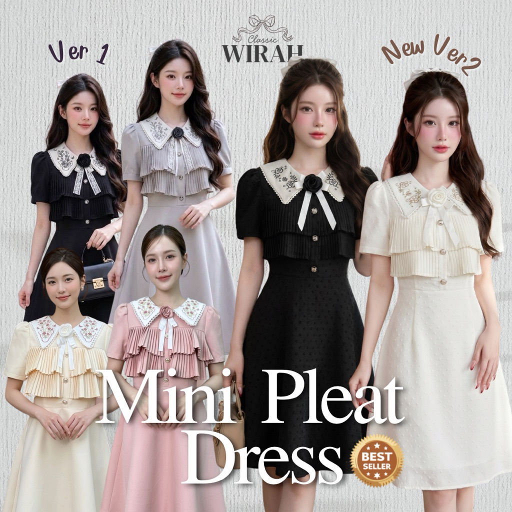 DW348 Mini Pleat Dress เดรสสั้นอัดพลีทเล่นระบายช่วงอก งานปกปักลายดอกไม้ รุ่นขายดี