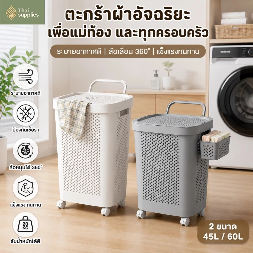 🔥พร้อมส่ง🔥 ตะกร้าใส่ผ้ามีล้อ ตะกร้าผ้าพลาสติก 45/60L ตะกร้าพลาสติก มีฝาปิด ความเหนียวที่ดี 🤰ลากง่าย ไม่ต้องก้ม
