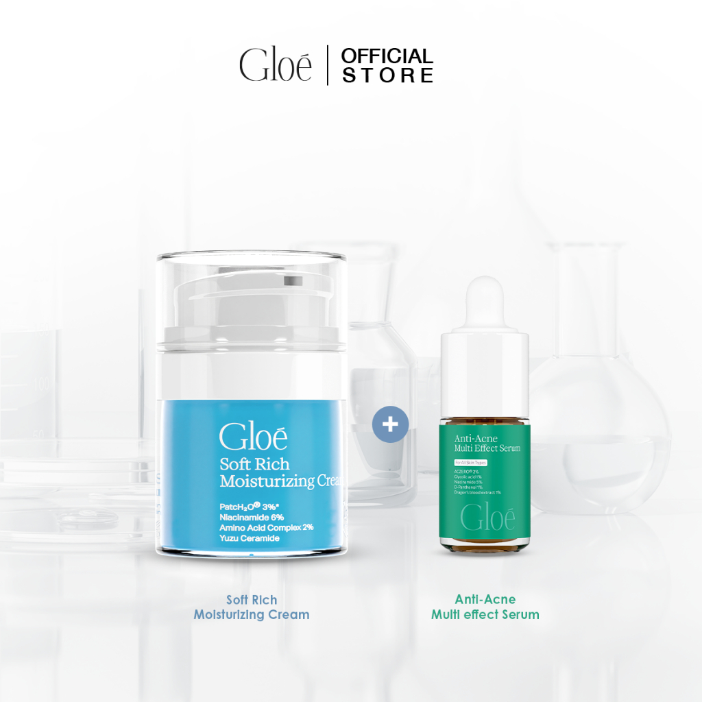 SET คู่ มอยซ์โกลว์+เซรั่มสิว มอยซ์พักผิว Gloé Soft Rich Moisturizing Cream 50g +Gloé Anti-Acne Multieffect Serum