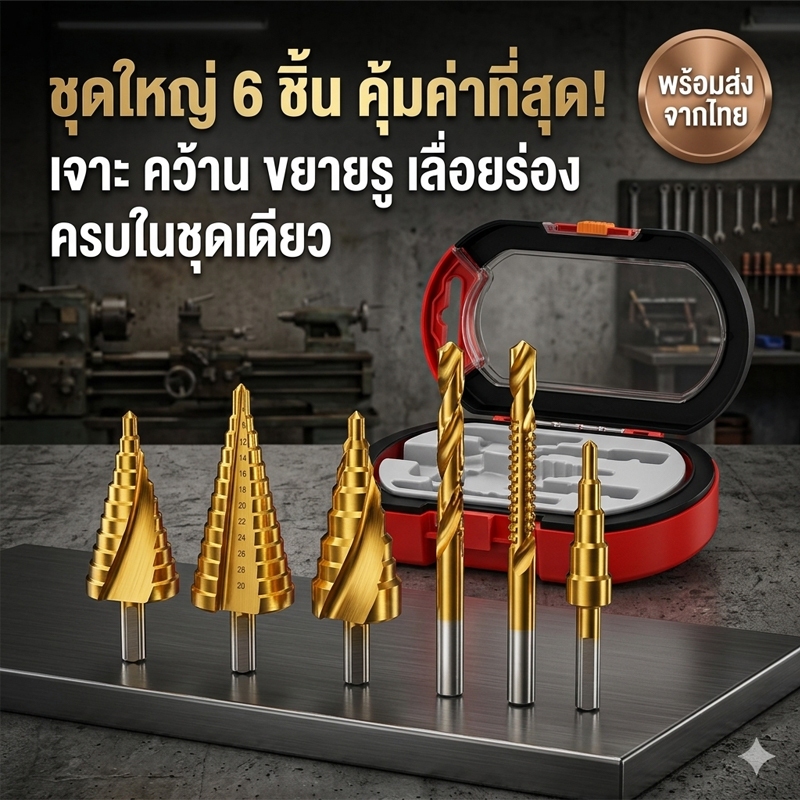ชุดดอกสว่านทรงเจดีย์ 6 ชิ้น (4-32mm) ดอกสว่านขยายรู เจาะร่อง อเนกประสงค์ เคลือบไททาเนียมเจาะเหล็ก เจาะไม้ ชุบแข็งพิเศษ พ
