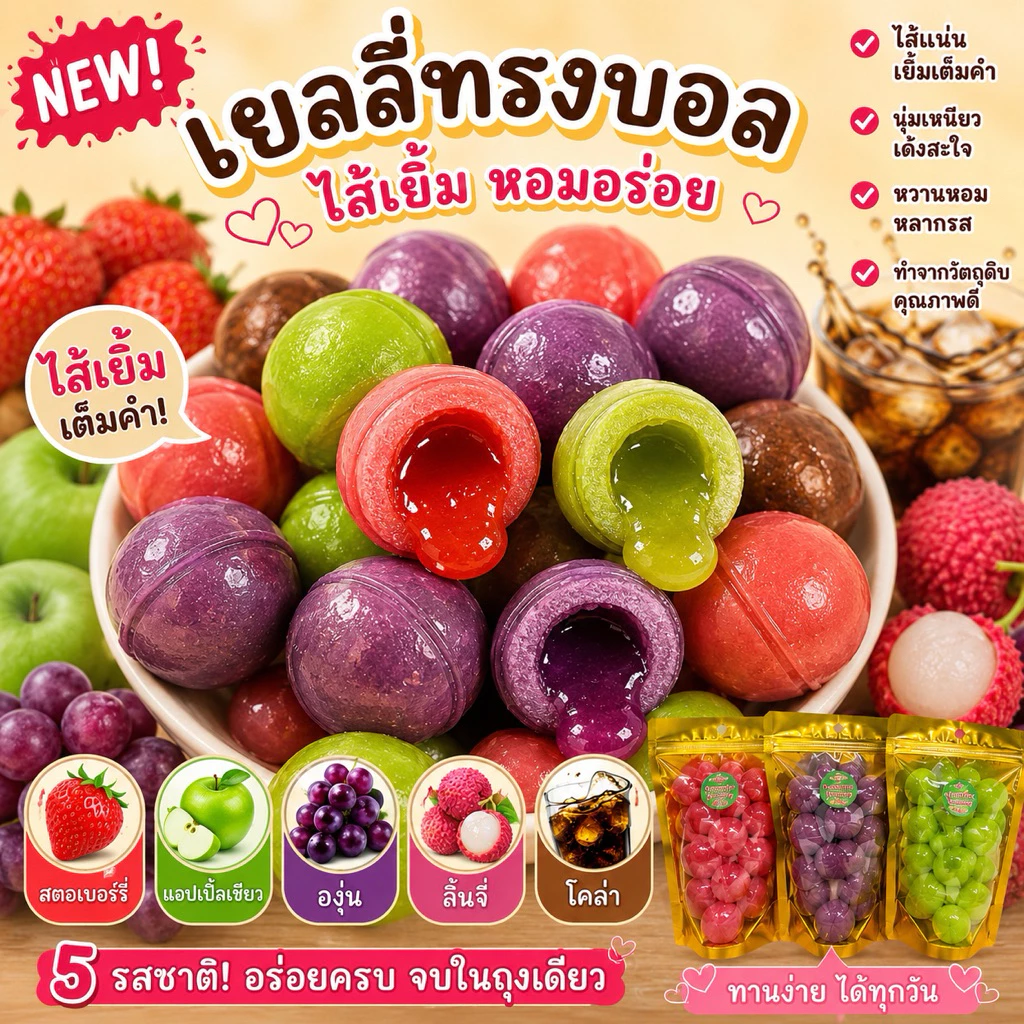 เยลลี่บอลลูนยักษ์ ไส้เยิ้ม 5 สี นุ่มเด้งมีโคล่า ลิ้นจี่ เยลลี่ มีความหนึบพอดีคำหอมอร่อย