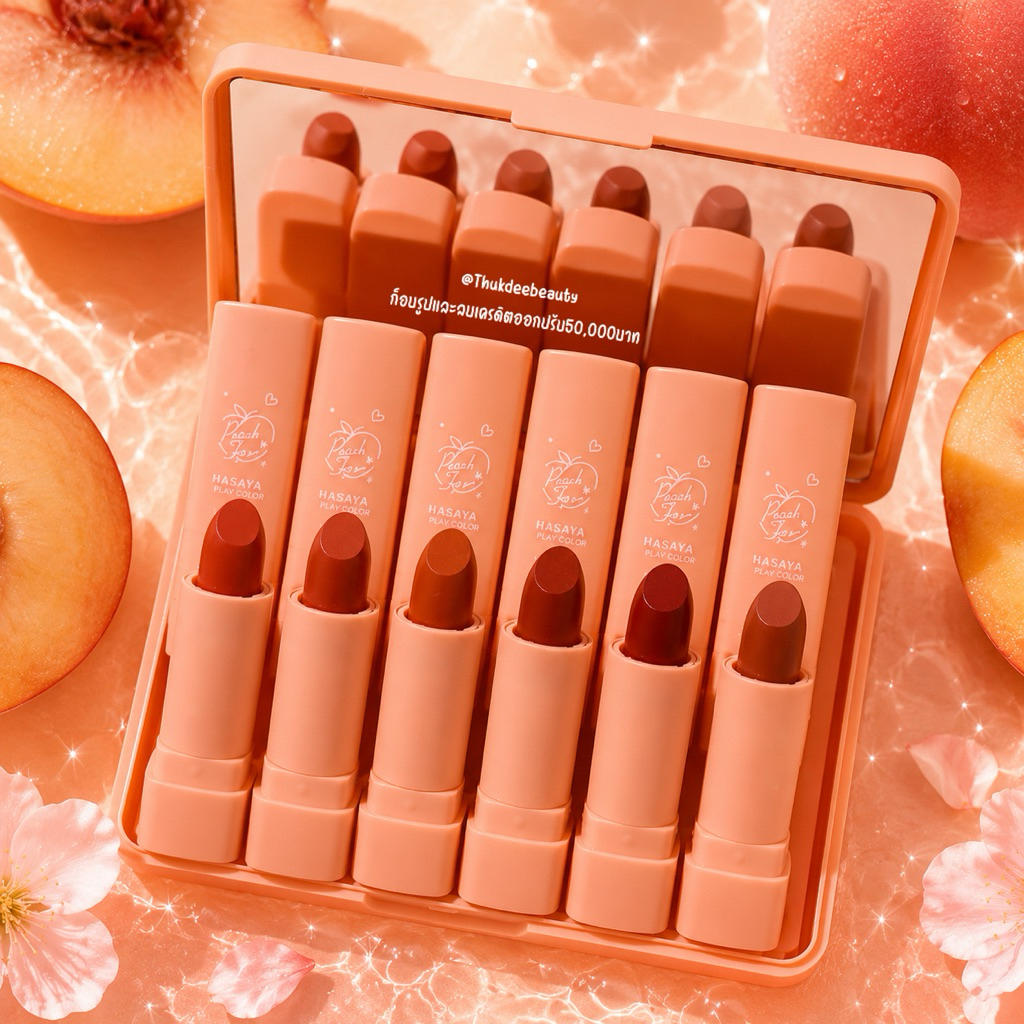 ส่งฟรี/แท้ เซ็ตลิป ลิปสติก​ 6 แท่ง Hasaya Peach Farm ลิปลูกพีช 6 แท่ง 6 สี สีสวยครบ มาพร้อมตลับพกพาได้ เนื้อแมท ติดทน