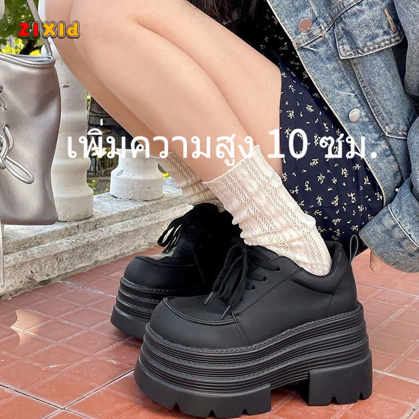 รองเท้าหนังเสริมส้นสูง 10 ซม. พื้นหนา แบบผูกเชือก รองเท้าผ้าใบพื้นหนาอเนกประสงค์ รองเท้าผู้หญิงสไตล์ Dad Shoes