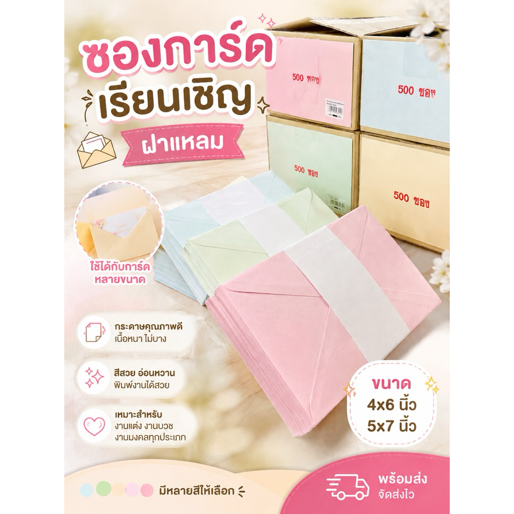 การ์ดเรียนเชิญ แพ็คละ 50 ซอง แจกพิธีต่างๆ ทรงฝาแหลม ขนาด 4x6 นิ้ว