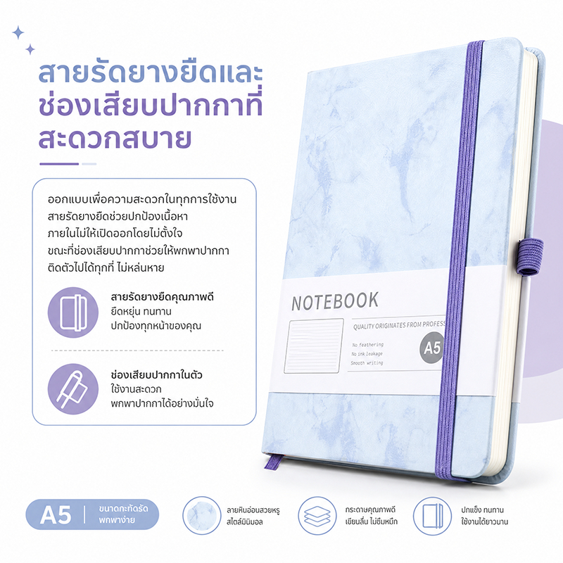 สมุดโน๊ต A5 ลายหินอ่อน ปกหนัง PU 192 หน้า กระดาษ 80 แกรม มีสายรัด ช่องเสียบปากกา สมุดบันทึกมินิมอล