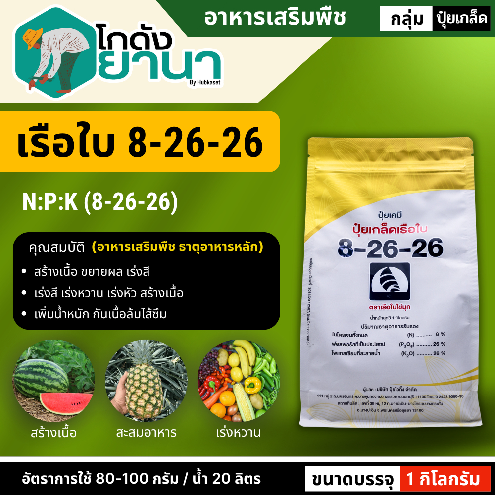 🌾 8-26-26 (ปุ๋ยเกล็ดเรือใบ) 1 กิโลกรัม เร่งหวาน เร่งสี เร่งหัว เพิ่มน้ำหนัก ป้องกันผลล้ม