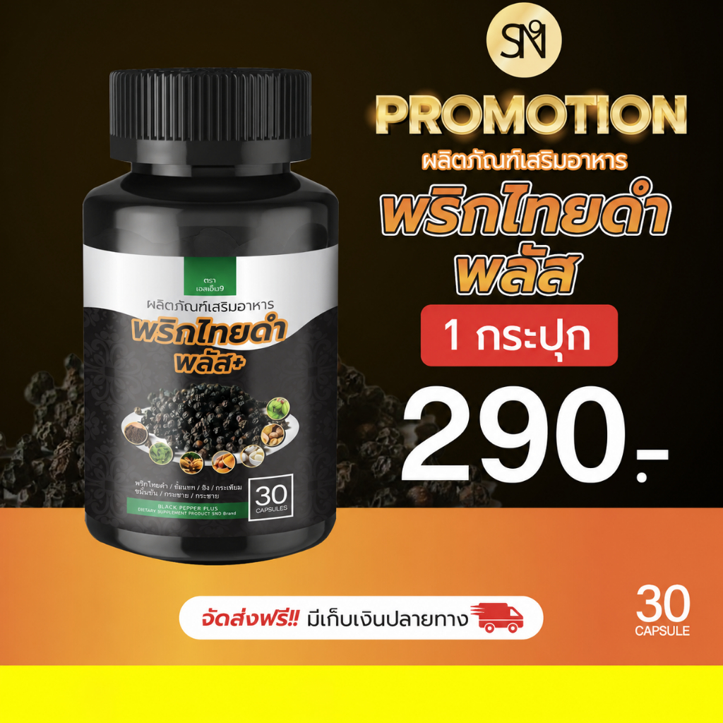 ✅แท้💯 Sn9 พริกไทยดำแคปซูล สมุนไพร ขับลม จุกเสียด ไขมัน ความดัน 1 กระปุก 30 แคป