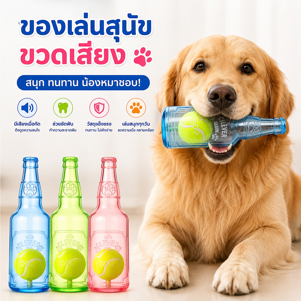 ของเล่นสุนัขขวดเสียง ลูกเทนนิสด้านใน สีฟ้า สีเขียว สีชมพู กัดเล่นสนุก มีเสียงดึงดูดใจ ทนขัดทนกัด มีเสียงเมื่อกัด