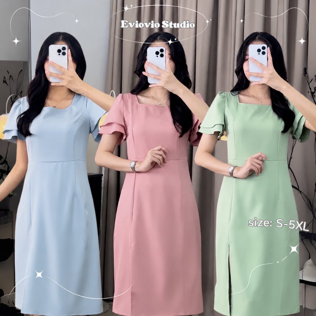 【S-5XL】 เดรสออกงานสุภาพ แขนเลเยอร์ สีพื้น เดรสทำงาน ชุดใส่งานแต่ง งานบุญ สำหรับสาวอวบ พลัสไซซ์