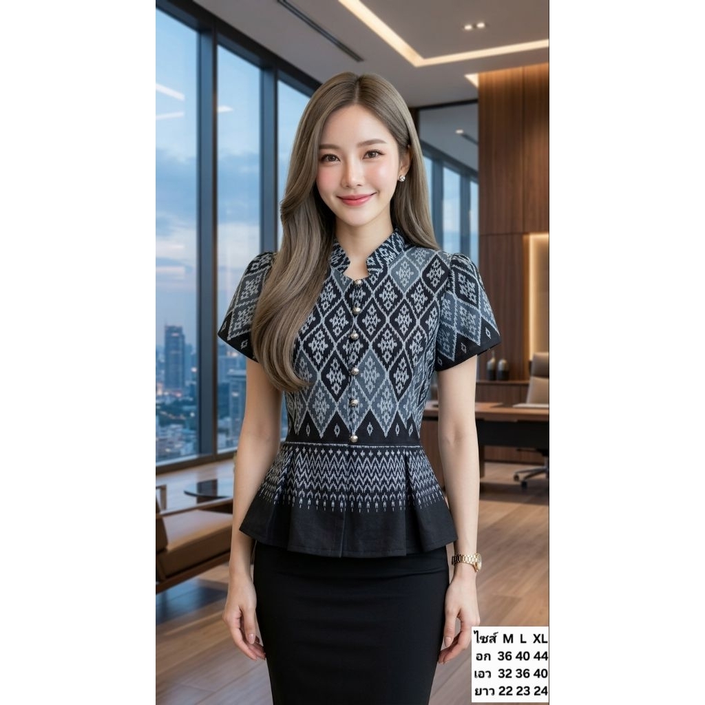 เสื้อคอจีนลายขอพระราชทาน ระบายชายจีบทวิต