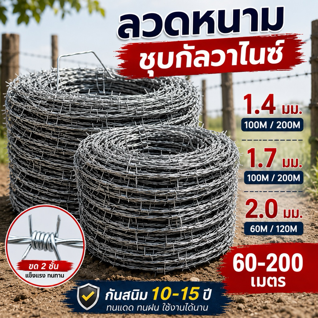 ลวดหนามกัลวาไนซ์ ยาวสะใจ 60 100 120 200 เมตร(ลวดเบอร์#14 #16 #17) ราคาถูก ลวดหนามทำรั้ว  รวดหนาม ทหาร