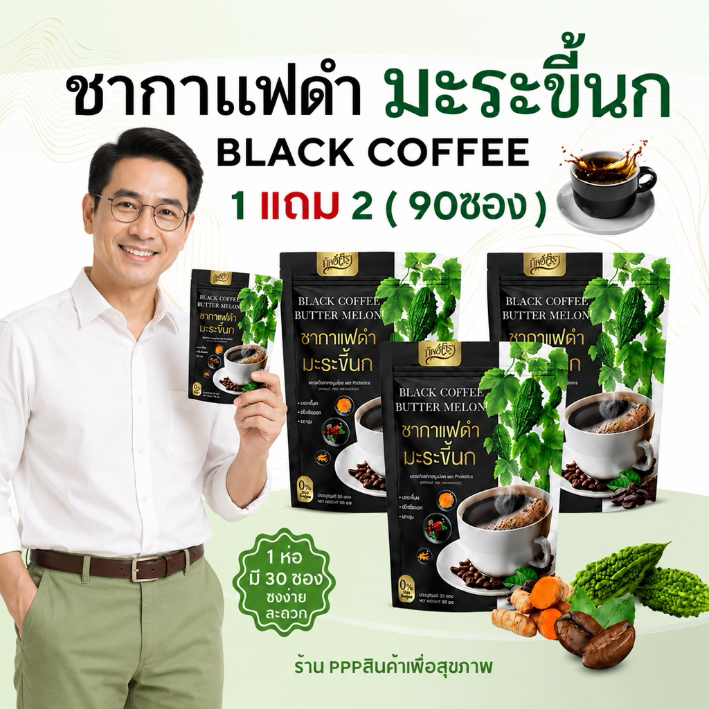 1 แถม 2 ☕️ชากาแฟดำ มะระขี้นกทิพย์สรา BLACK COFFEE BUTTER MELOM 1 ห่อ 30 ซองชา เบาหวาน ความดัน น้ำตาล 0% ไขมัน