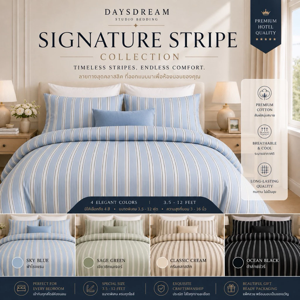 ((NEW)) Signature Stripe Collection | ผ้าปูรัดมุม ขนาดพิเศษ 3.5-12 ฟุต |ชุดเครื่องนอนสไตล์โรงแรม | ปลอกหมอน | ปลอกผ้านวม