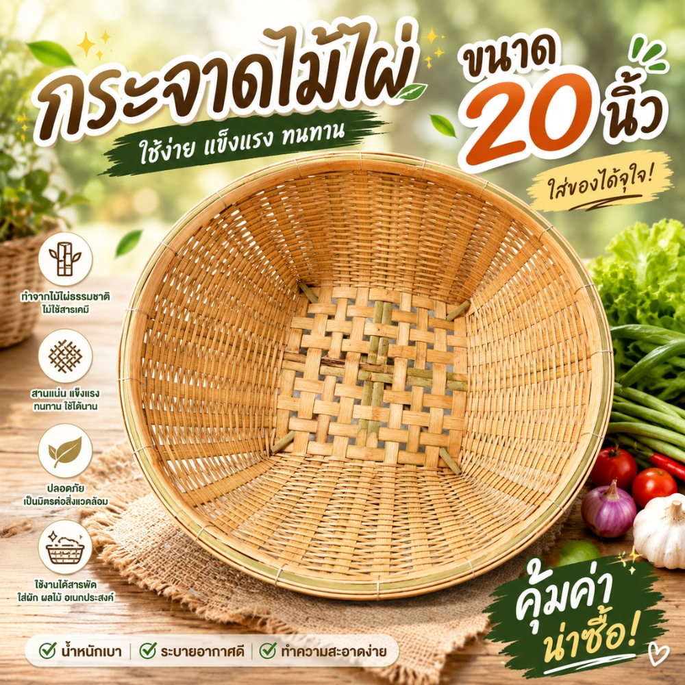 กระจาด 20 นิ้ว กระจาดไม้ไผ่ กระจาดสาน กระจาดสานไม้ไผ่ กระจาดใส่ของ กระจาดใส่ผลไม้ (กระจาด20นิ้ว)