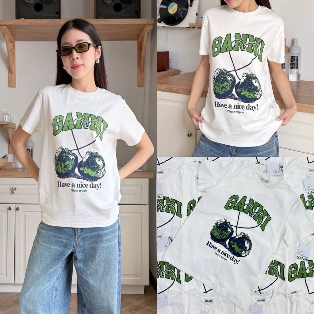 Ganni T-shirt " เสื้อยืดคอกลมแขนสั้น งานชนช็อปไปเลยค้า ลายใหม่ น่ารัก เนื้อผ้าดี