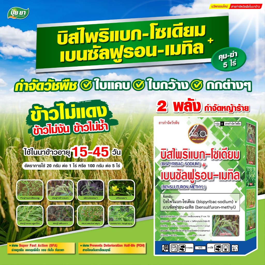 กำจัดหญ้าข้าวนก หญ้าดอกขาว ผักปอดนา เทียนนา หนวดปลาดุก กกทราย บิสไพริแบกโซเดียม+เบนซัลฟูรอนเมทิล ใช้ได้ 5 ไร่ (100 กรัม)