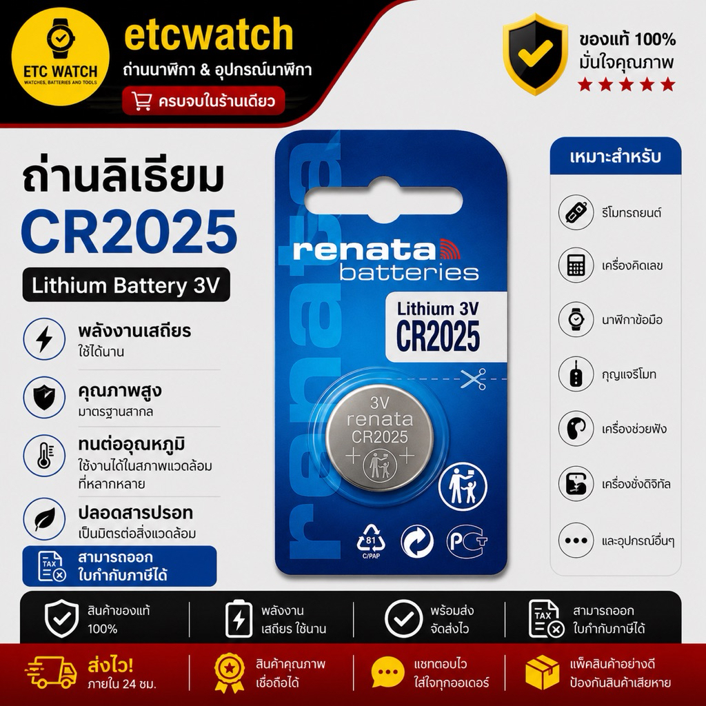 พร้อมส่ง> ถ่านกระดุม Renata CR2025 1 ก้อน ถ่านรีโมทกุญแจ เบนซ์
