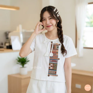เสื้อผ้าฝ้ายเนื้อนุ่ม ผู้หญิง ผ้าฝ้ายเนื้อดี คอกลม ผูกโบว์ทิวลิป ทรงสวย เข้ารูป เนื้อผ้านิ่ม ใส่สบาย