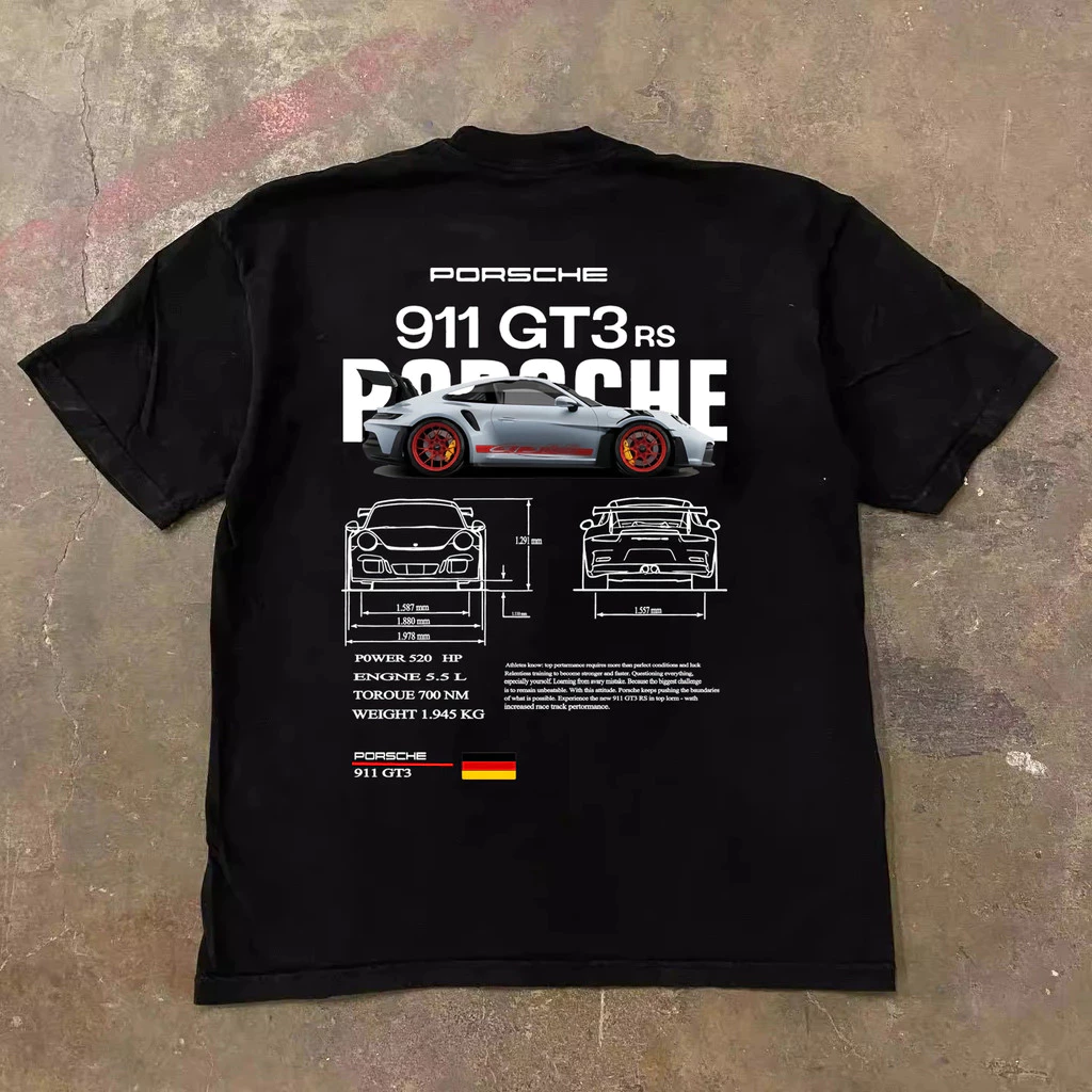 เสื้อยืดลายโลโก้ Porsche ผ้าฝ้ายสีดำ ทรงเบสิกใส่ง่าย สายรถสปอร์ต
